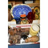 TWO BOXES OF CERAMICS, GLASS AND WOODWORKING TOOLS, etc to include large floral meat platter, blue