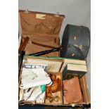 A BOX AND LOOSE SUNDRY ITEMS to include Roland Carter handbag with matching shoes, size 38 1/2,