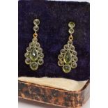 A PAIR OF SILVER GILT PERIDOT DROP EARRINGS, a marquise drop cluster suspended from a post and