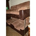 A CHOCOLATE SUEDE AND UPHOLSTERED THREE PIECE LOUNGE SUITE, comprising of a two seater settee and