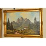 AN OIL ON CANVAS DEPICTING AN ALPINE VISTA with chalets to the foreground and mountains beyond,