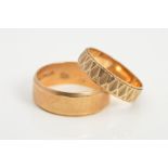 TWO 9CT GOLD BAND RINGS, the first of plain design with tapered edges, ring size S, the second of