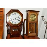 A VICTORIAN ROSEWOOD AND MOTHER OF PEARL INLAID OCTAGONAL DROP DIAL WALL CLOCK together with an