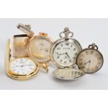 FOUR POCKET WATCHES AND A SILVER VESTA CASE, to include an early 20th Century open face silver