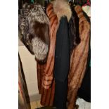 A FOX FUR CAPE together with a dyed pony fur coat, having shawl collar and turn back cuffs, a