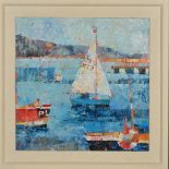 SALLY ANN FITTER (BRITISH CONTEMPORARY) 'SAILING OUT', abstract boats in a harbour, signed lower