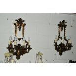 A PAIR OF LATE 20TH CENTURY BRASSED FOUR BRANCH WALL SCONCES