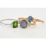 THREE RINGS, to include two oval opal cabochons doublets, within four claw settings, stamped 925,