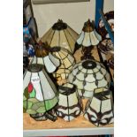 THREE TIFFANY STYLE TABLE LAMPS AND five various shades (8)