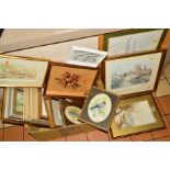 A BOX OF PAINTINGS AND PRINTS ETC, to include a watercolour of a path running beside a stream,