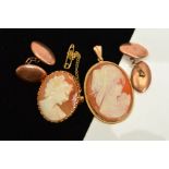 A 9CT GOLD CAMEO BROOCH, CAMEO PENDANT AND A PAIR OF CUFFLINKS, both cameos of oval outline