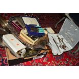 A BOX OF ASSORTED SILVER PLATED WARES, including trays, dishes, toast racks, etc, cased and loose