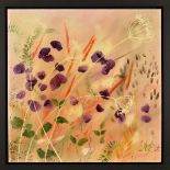 JULIE ANN SCOTT (BRITISH CONTEMPORARY) 'PURPLE POPPIES SWAYING II', abstract flowers in a field,