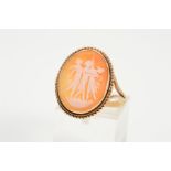 A 9CT GOLD CAMEO RING, the oval panel depicting the Three Graces within a collet and double rope