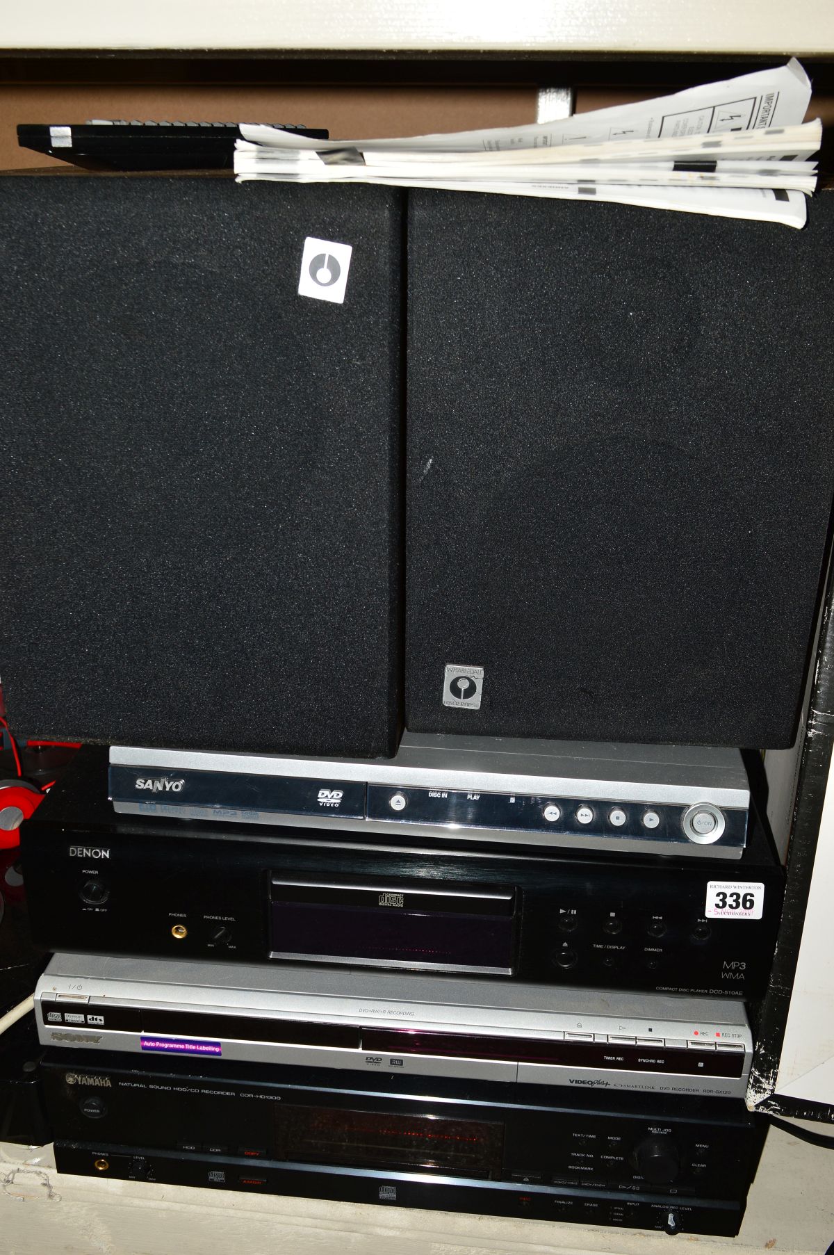 A YAMAHA CDR-HD1300 HARD DISK RECORDER WITH REMOTE, a Sony RDR-GX120 DVD Recorder, a Denon DCD-510AE