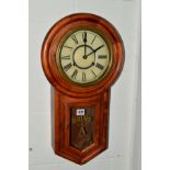 A LATE 20TH CENTURY STAINED WOOD DROP DIAL AMERICAN WALL CLOCK