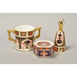 THREE PIECES ROYAL CROWN DERBY, to include '1128' pattern loving cup, height 8cm and bell shaped