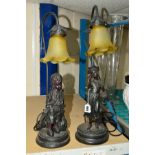 TWO FIGURAL TABLE LAMPS, in the form of a boy and a girl, both having lamp shades with fluted rim,