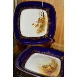 TWO SQUARE ROYAL WORCESTER DISHES, both hand painted with Partridge scenes, both having colbalt