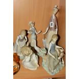 FIVE LLADRO FIGURES, to include 'Woman with Dog' No4761, height 35cm, 'Girl with Duck' No1052,