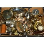 A BOX OF SILVER PLATE ETC, including a late Victorian coffee pot, a biscuit barrel, Ilford camera,