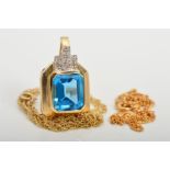 A TOPAZ AND DIAMOND PENDANT NECKLACE AND A SEPERATE CHAIN, the pendant designed as a rectangular