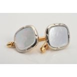 A PAIR OF MOTHER OF PEARL CUFFLINKS, the curved square mother of pearl panel within a white metal