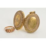 A LATE VICTORIAN GOLD RING AND LOCKET, the 9ct gold ring set with three coral cabochons with a