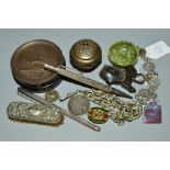 A SELECTION OF ITEMS, to include a top hat brush, a three pence coin bracelet, a horn snuff box, a