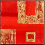 LINDA CHARLES (BRITISH CONTEMPORARY), an abstract study in red and gold, signed bottom right,