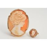 A CAMEO BROOCH AND RING, both with an oval cameo panel depicting a lady in profile, the brooch