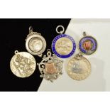 SIX MEDALS, to include three enamel medals, a St.Christopher, a swimming medal etc, all with marks