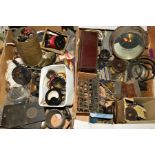 TWO TRAYS OF VINTAGE ELECTRICAL AND ELECTRONIC ITEMS, including a large Stanley patented Ampere