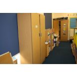 TWO OFFICE CUPBOARDS, TWO BOOKCASES AND A CHEST OF DRAWERS, containing a quantity of pre school