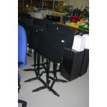 SIX MODERN MUSIC STANDS, with plastic uppers on a metal tripod base