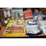 A COLLECTION OF SCIENTIFIC EQUIPMENT AND ACCESSORIES, including bungs, glass tubes and funnels, data