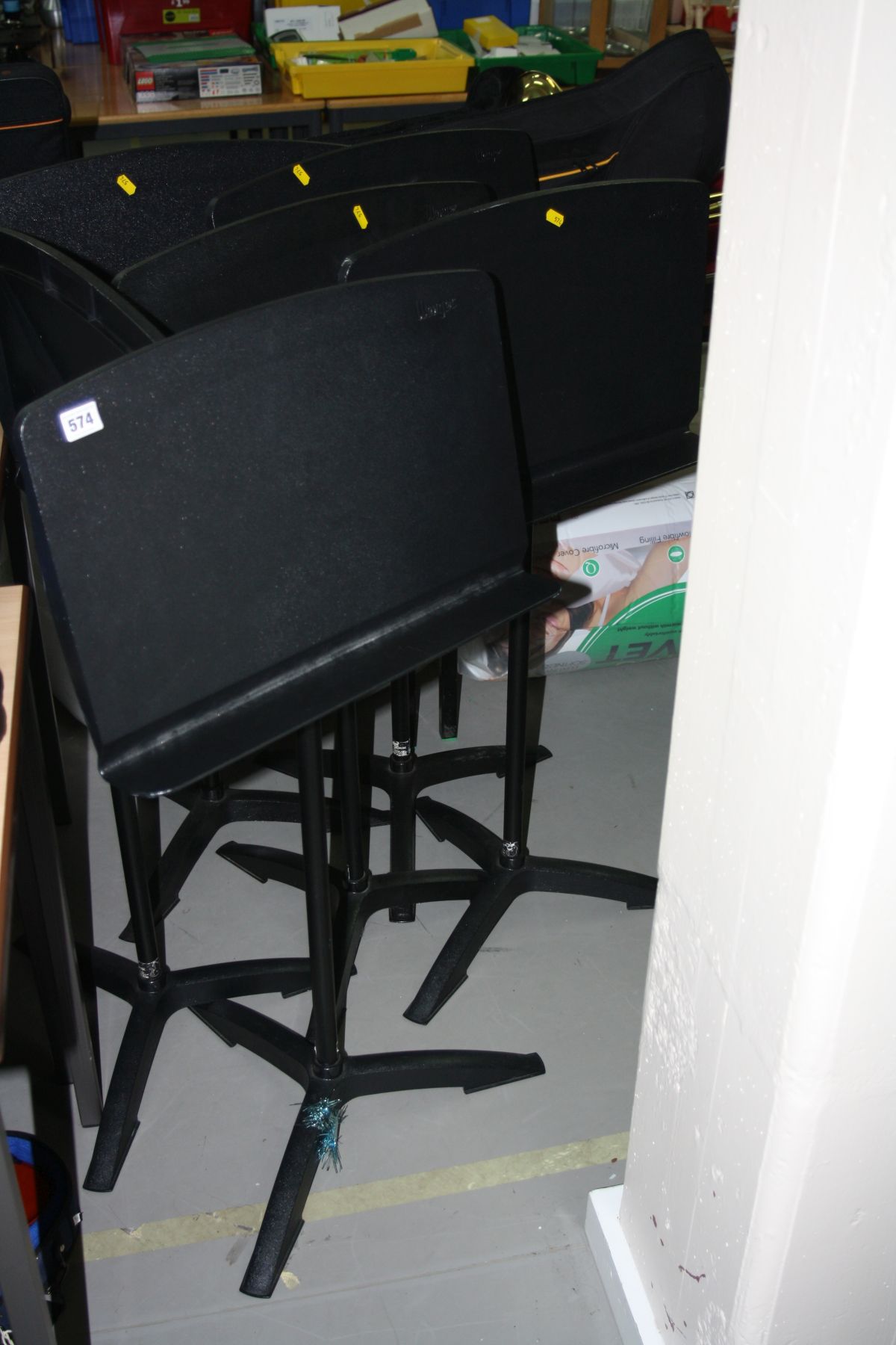 SIX MODERN MUSIC STANDS, with plastic uppers on a metal tripod base