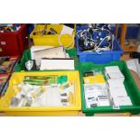 FIVE TRAYS OF SCIENTIFIC EQUIPMENT, including Philip Harris 12v lamps, plastic mounted colour