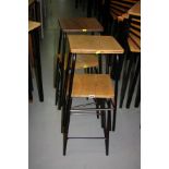 FOUR WOODEN AND METAL SCIENCE LAB STOOLS, rectangular tops, approximate heights, three at 61cm and
