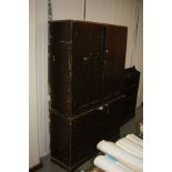 A VICTORIAN PINE TWO PIECE SCHOOL CUPBOARD, painted on the outside and grain pained inside with
