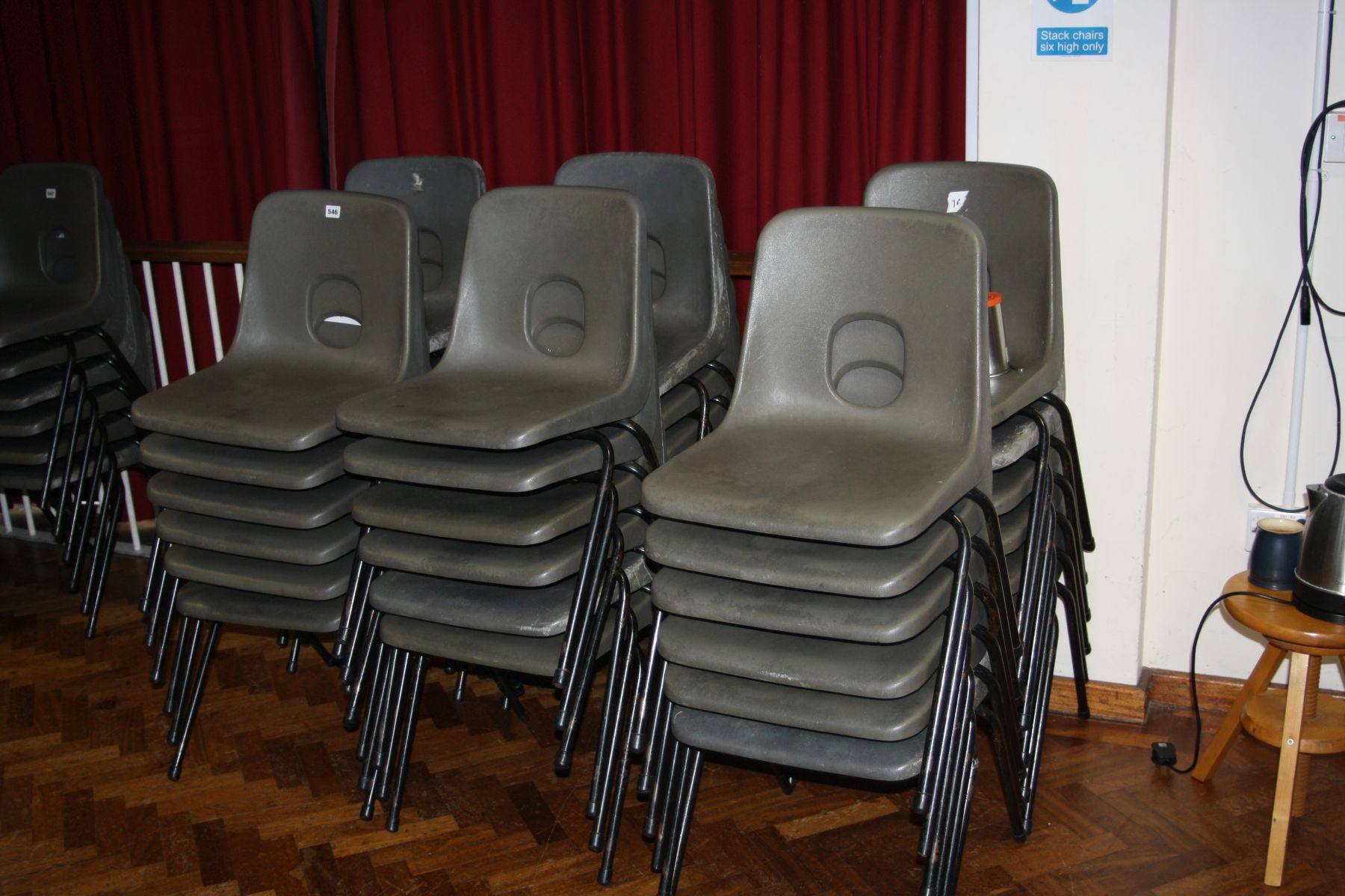 THIRTY SIX STACKING CLASSROOM CHAIRS, with moulded plastic seats and tubular metal frames