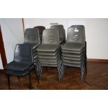 THIRTY SIX STACKING CLASSROOM CHAIRS, with moulded plastic seats and tubular metal frames