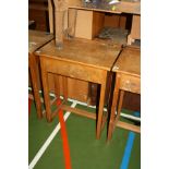 A VINTAGE SINGLE SCHOOL DESK, with oak veneered lift up lid over a beechwood frame, with inkwell