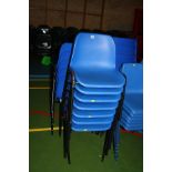 SEVEN BLUE STACKING CLASSROOM CHAIRS, with black tubular metal legs (s.d)