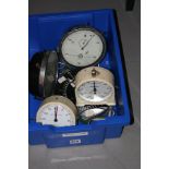 TWO SMITHS SECONDS CLOCKS, two pye stop clocks and a balance scale