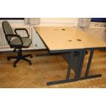 TWO OFFICE TABLES, with beechwood effect tops over grey metal legs with two cable apertures and