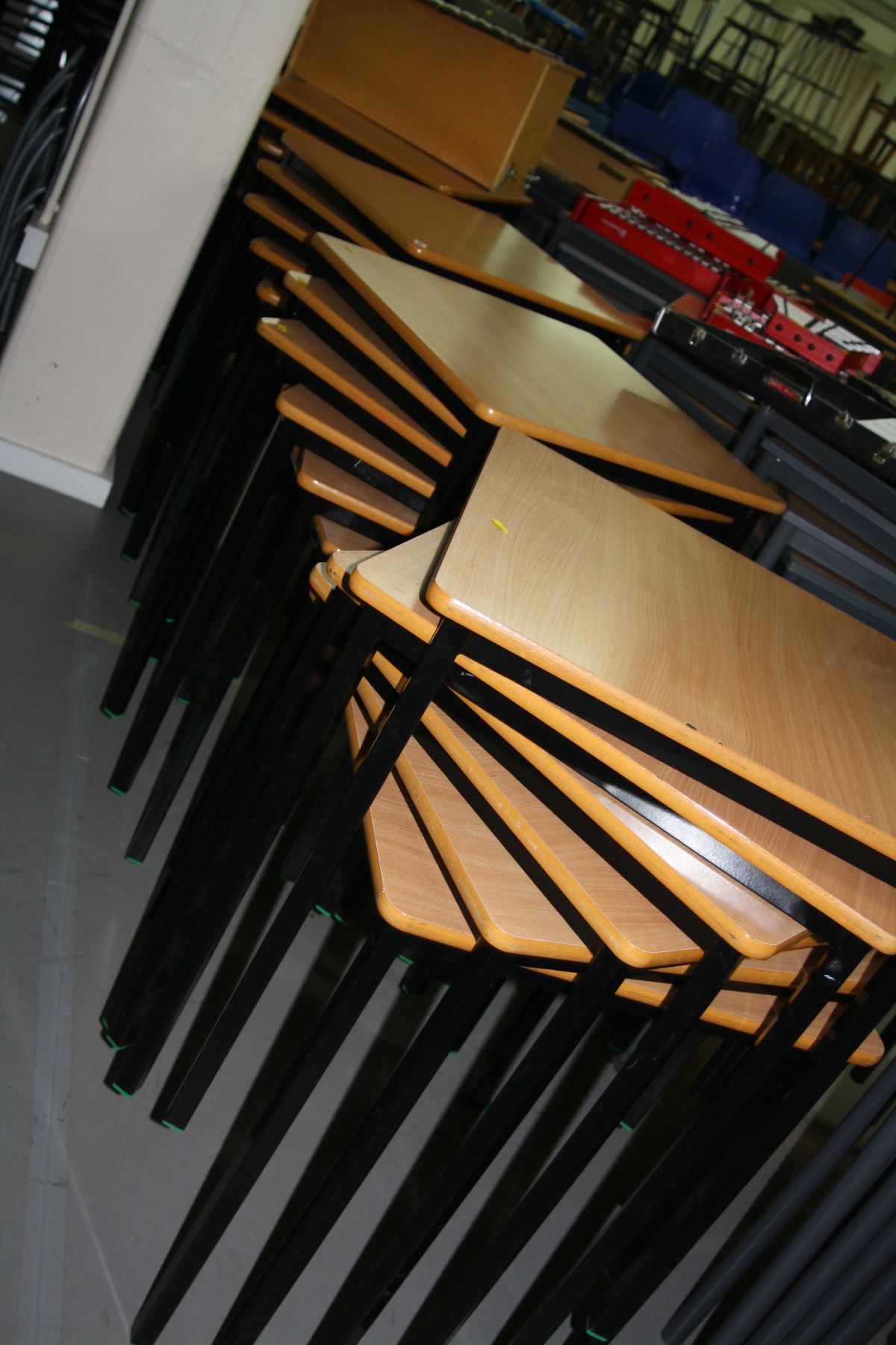 EIGHTEEN SQUARE STACKING CLASSROOM TABLES, with a beech effect top over metal frame, 60x60x70cm high
