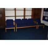 A MORLEY'S CONFERENCE ROOM THREE SEAT SOFA AND TWO CHAIRS, upholstered in blue over a beechwood