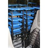 TWELVE STACKING LABORATORY STOOLS, with blue plastic seats on tubular metal legs, 62cm high