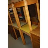 FOUR MID 20TH CENTURY WOODEN SCHOOL DESKS, with hinged formica tops (4)